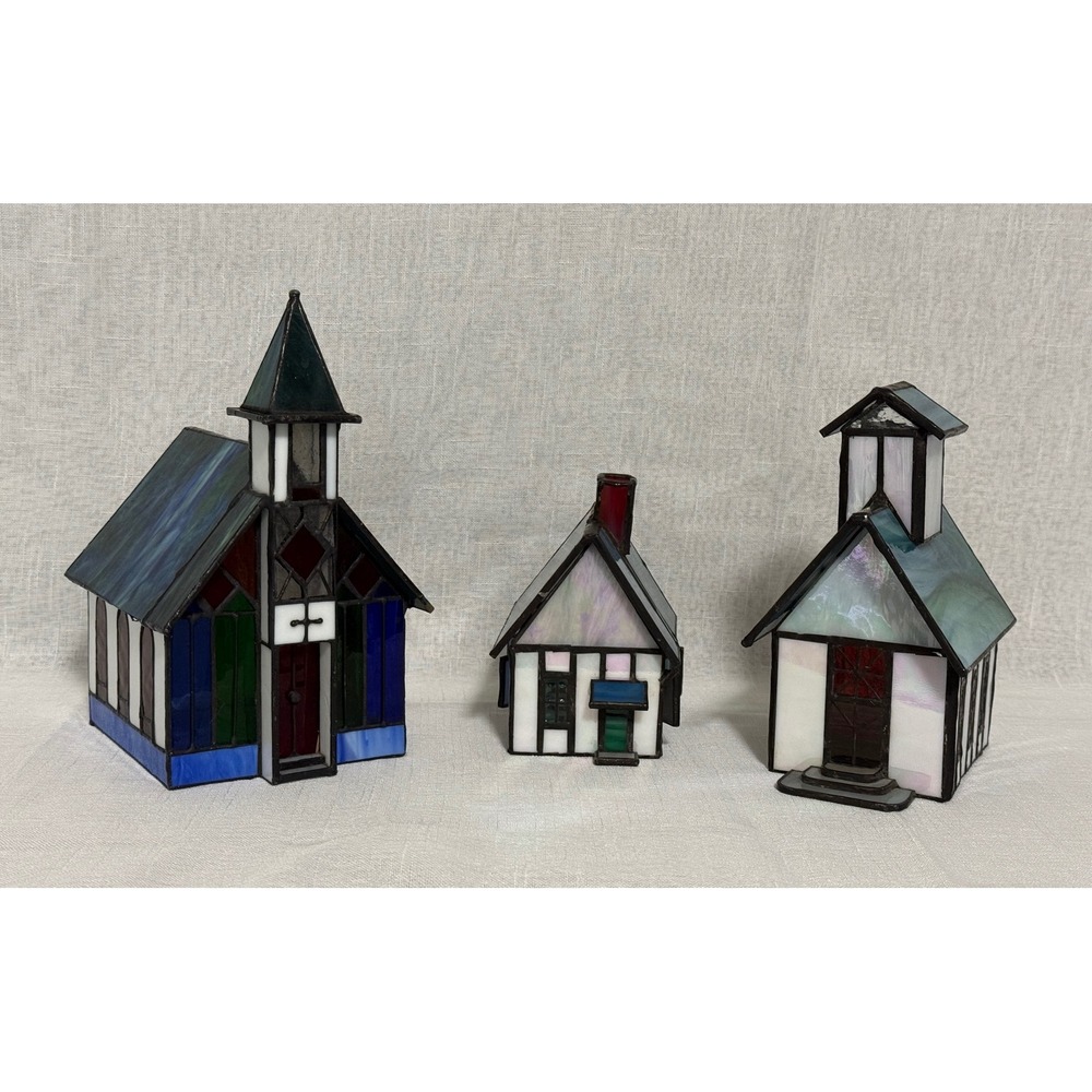 Vintage Stained Glass Miniature Village Set 3 Churches Cottage Slag Glass Decor